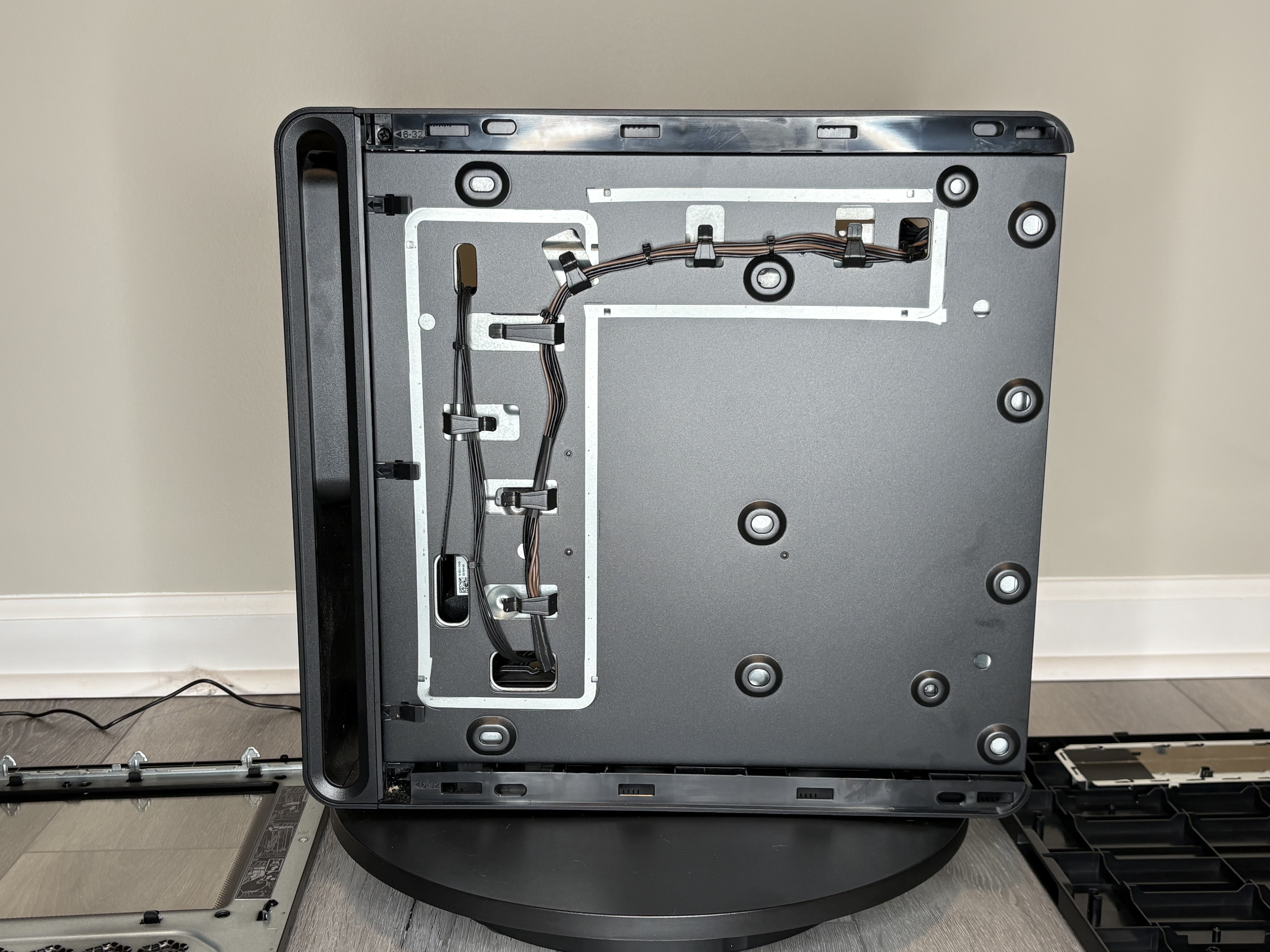 Backside view of the store-bought gaming desktop showing cable routing layout