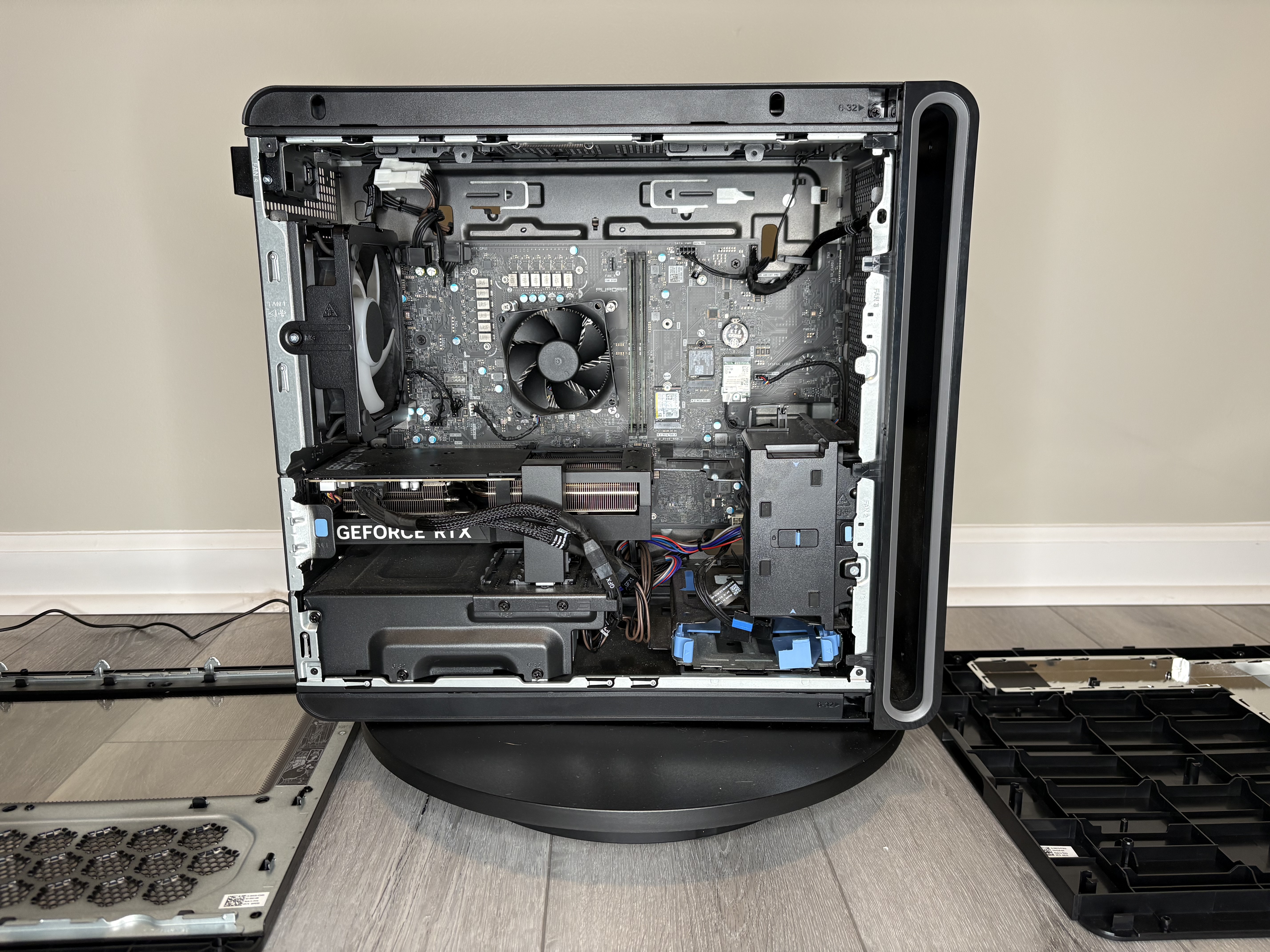 Straight-on interior view of the opened Alienware gaming desktop